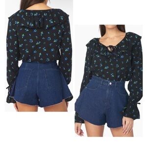 Revolve weWoreWhat Frill Blouse Ditsy Floral Cute Preppy Long Sleeve NWT Keyhole